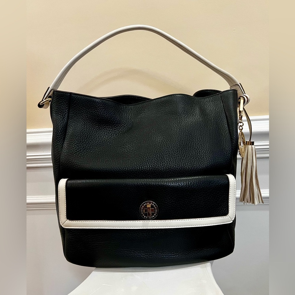 Spectator Style, Beige & Black-Pebble Leather Large Hobo/Shoulder Bag.